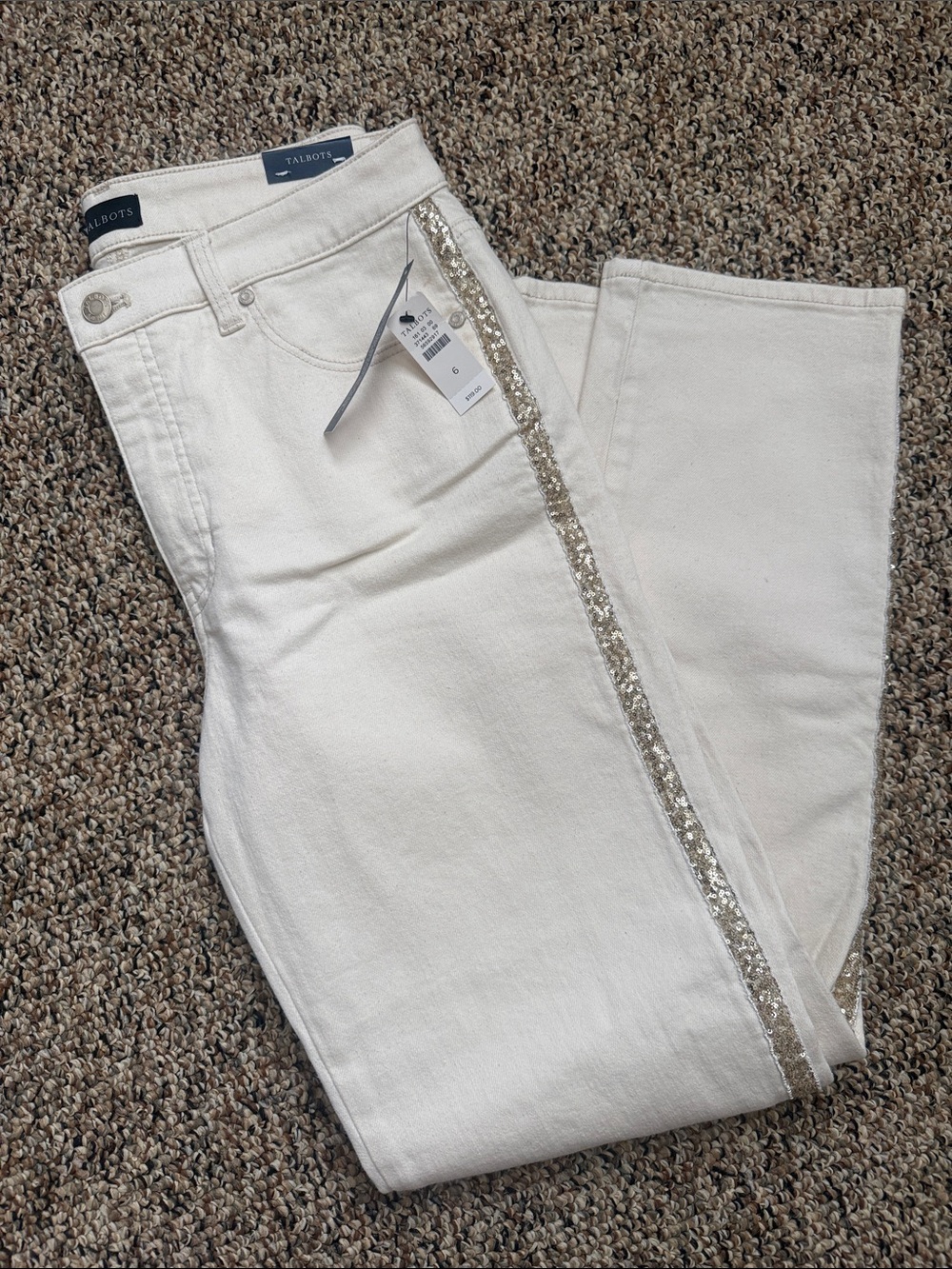 Talbots Off White Straight-Leg Jeans with gold Sequin Side Stripe size 6